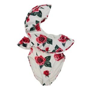 Onia Womens One Shoulder One Piece Swimsuit White Red Rose Romantic Resort XS TP